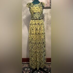 Free People Yellow and Black Floral Lace Dress with Open Back size 10